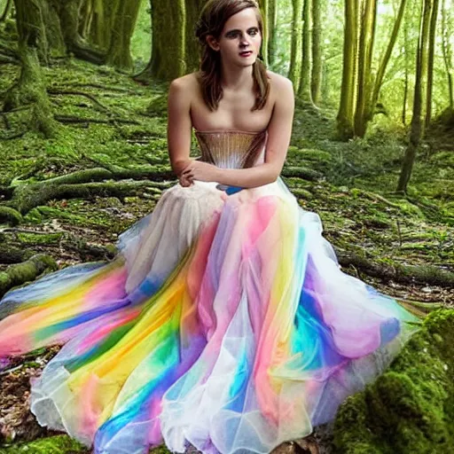 Prompt: photo of emma watson wearing a rainbow wedding gown sitting in a forest