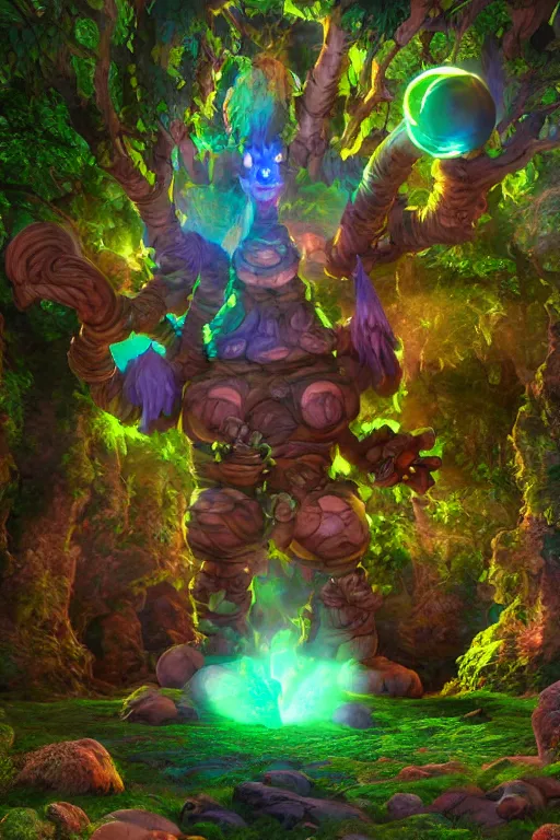 Image similar to arcane fantasy art giant golem elemental wood rock bastion forged gemstone enchanted forest troll, global illumination ray tracing hdr fanart arstation by sung choi and eric pfeiffer and gabriel garza and casper konefal lisa frank zbrush central hardmesh