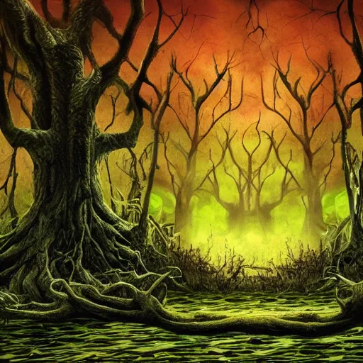 Image similar to the evil swamp you can only get to in your dreams where all the darkness is in the depths and the tree is rise high to the sky