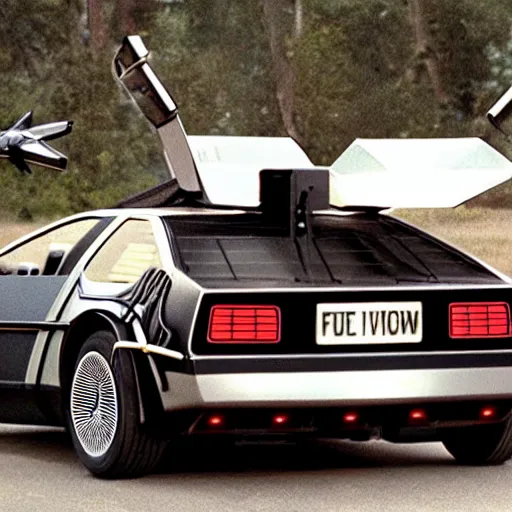 Image similar to knightrider chasing the back to the future delorean, cinematic