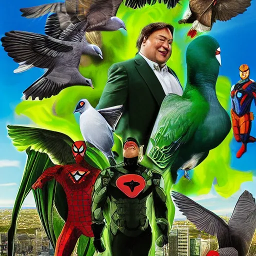 Image similar to action green suit Pigeon hero Sam Raimi and Jon Watts blockbuster movie poster, featuring Marvel Majestic Fat Pigeon in a extravagant full pigeon green body suit by Alex Ross, oil painting