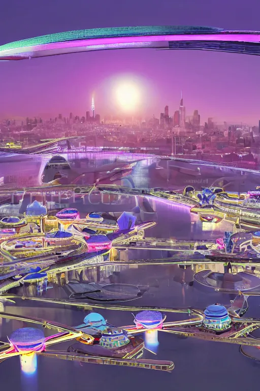 Image similar to A city of the future with thin bridges floating in the air and big unknown flying machines. The top is bright and colourful, with domes and glowing peaks of buildings; the bottom is dark and almost melting in the twilight, with glowing bright signs. Several colossal-sized moons with amazing rings are visible,