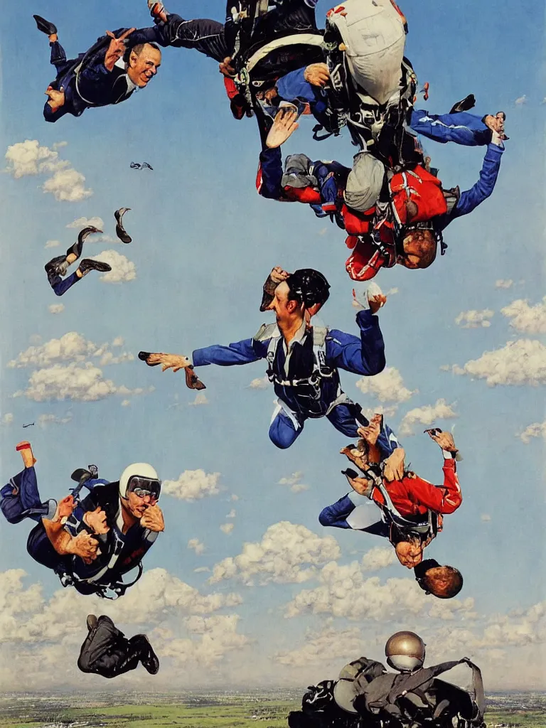 Prompt: benjamin netanyahu skydiving, plane and parachute in background, by norman rockwell, highly detailed, sharp face