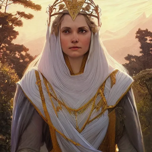 Image similar to Varda, queen of arda, on Mount Taniquetil in Valinor, elegant portrait, highly detailed, digital painting, artstation, concept art, sharp focus, illustration, art by artgerm and greg rutkowski and alphonse mucha