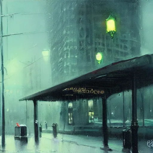 Image similar to dark city bus stop, painted by greg rutkowski, oil painting