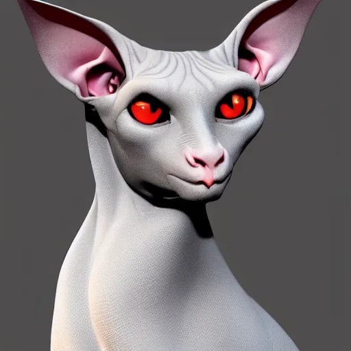 Prompt: A hairless sphinx cat with three red eyes and mysterious lighting, award winning, artstation trending, 8K