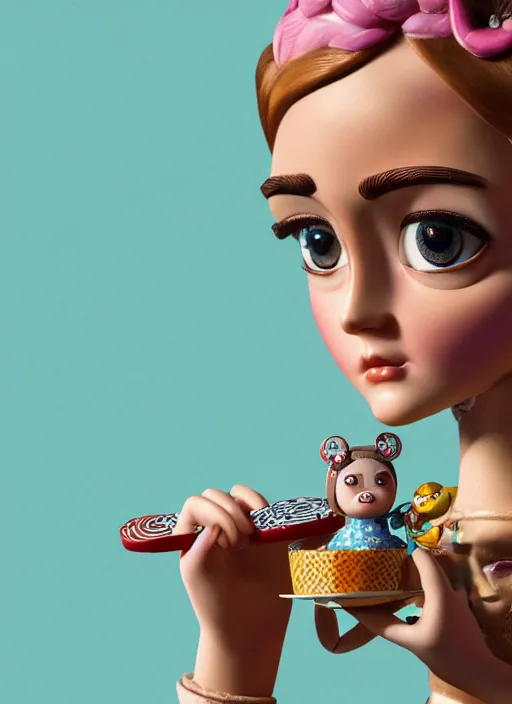 Image similar to closeup portrait of tin toy tin toy emma watson eating cakes, depth of field, zeiss lens, detailed, symmetrical, centered, fashion photoshoot, by nicoletta ceccoli, mark ryden, lostfish, earl nore, hyung tae, frank frazetta, breathtaking, 8 k resolution, extremely detailed, beautiful, establishing shot, artistic, hyperrealistic, octane render