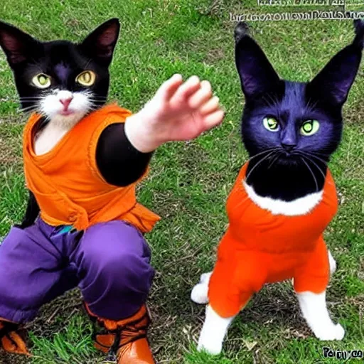 Prompt: two cats performing the Dragonball Fusion Dance