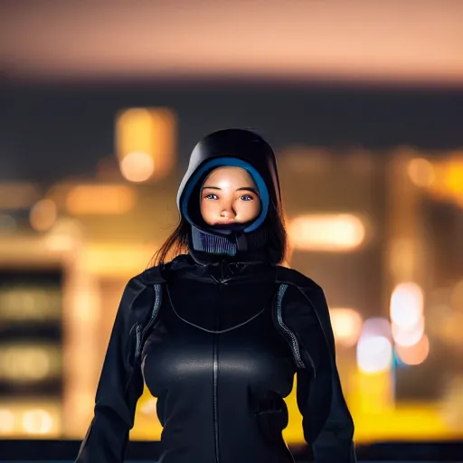 Image similar to photographic portrait of a techwear woman, closeup, on the rooftop of a futuristic city at night, sigma 8 5 mm f / 1. 4, 4 k, depth of field, high resolution, 4 k, 8 k, hd, full color