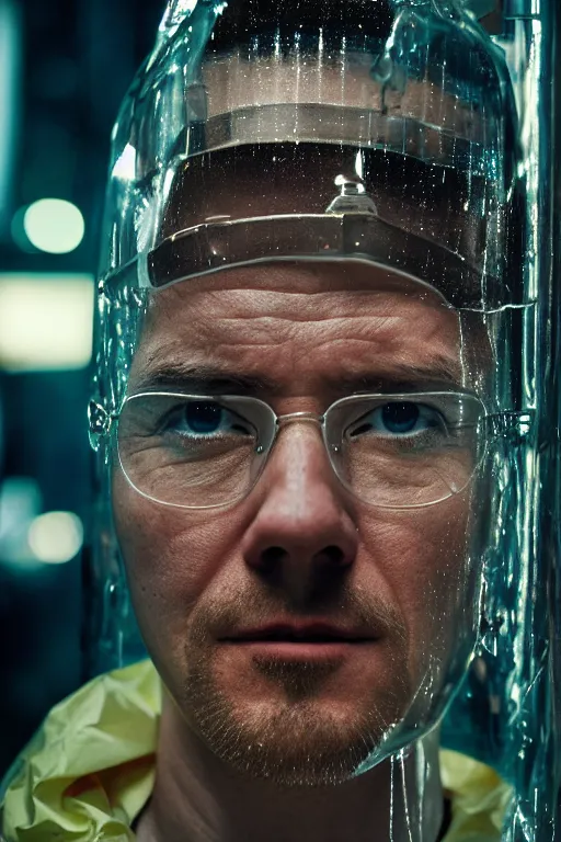 Prompt: Kodak Portra 400, 8K, highly detailed, breaking bad style 3/4 extreme closeup portrait, clear eyes, focus on clear transparent raincoat model, tilt shift h.r giger style background: famous blade runner remake, tokyo izakaya scene