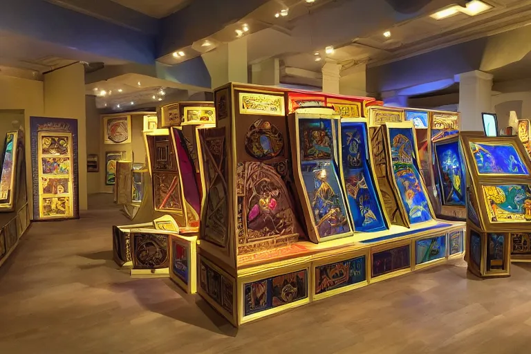 Prompt: museum of ancient hermetic play and board game video vidya game studies holographic gallery display arcade