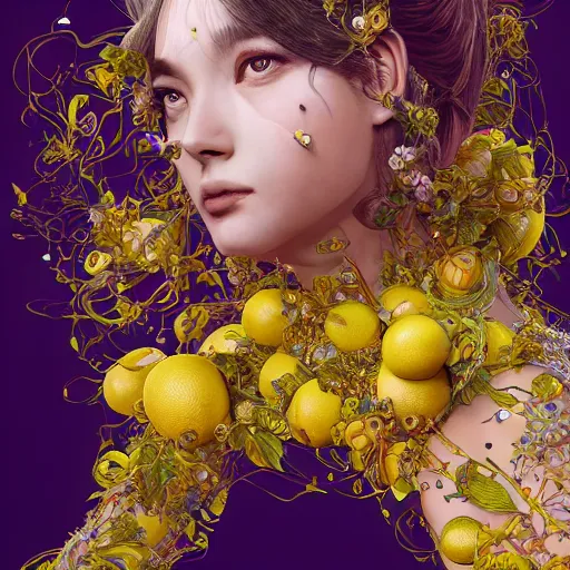 Image similar to the portrait of an absurdly beautiful, graceful, elegant, sophisticated, young idol made up of lemons, an ultrafine hyperdetailed illustration by kim jung gi, irakli nadar, intricate linework, bright colors, octopath traveler, final fantasy, unreal engine 5 highly rendered, global illumination, radiant light, detailed and intricate environment