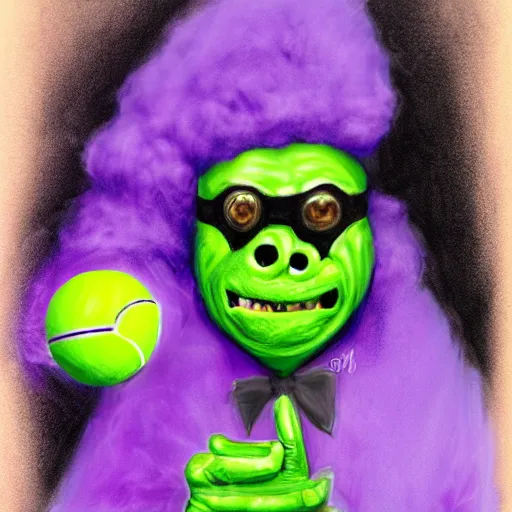 Prompt: a green tennis ball monster in a purple pimp coat, black and gold, digital art, fantasy, magic, chalk, trending on artstation, ultra detailed, professional illustration by basil gogos