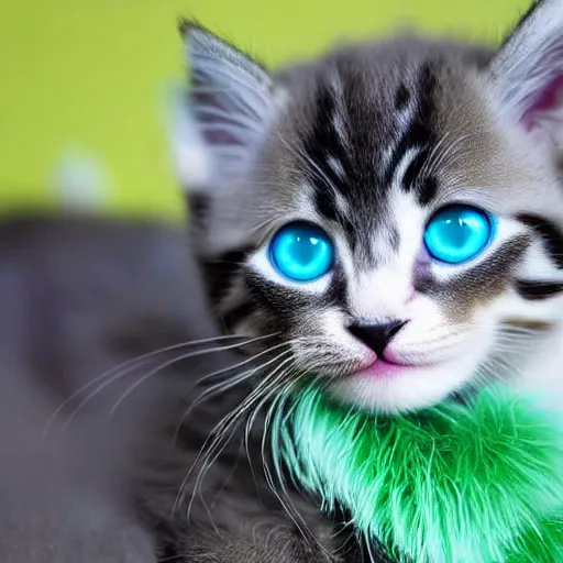 Prompt: realistic kitten with green fur and blue eyes