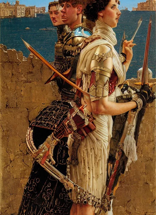 Image similar to portrait of helen of troy in armour outside the city walls, by lawrence alma tadema and rick berry and norman rockwell and greg staples and jack kirby