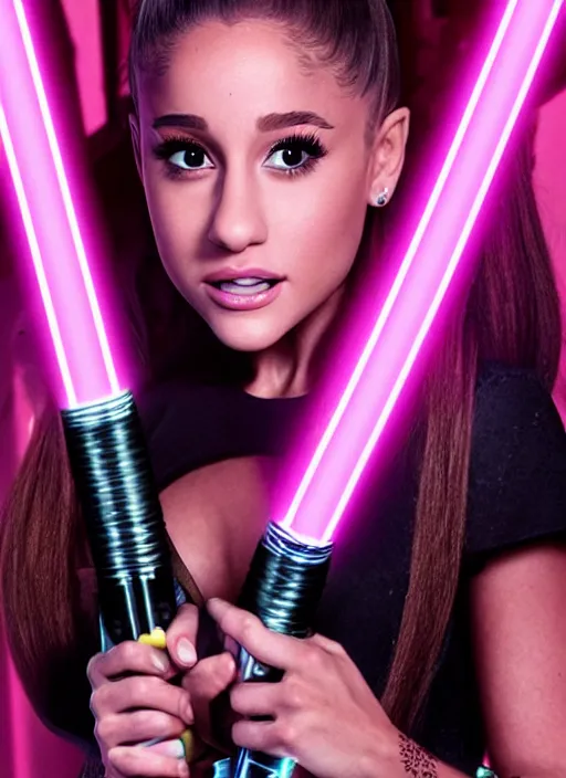 Image similar to An extremely detailed photo of Ariana Grande in the Star Wars universe holding the handles of two pink lightsabers held in each hand. Maximum detail on artstation, photo realism, vivd details, vivd colour, volumetric lighting