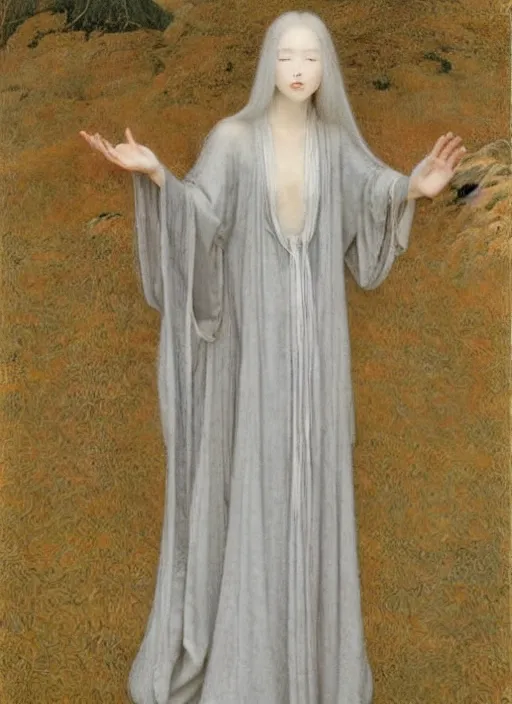 Image similar to thin young beautiful girl with silver hair, pale!, wearing robes, wearing hair, goddess, pale smooth, young cute wan asian face, silver robes!!, oil on canvas by jean delville, 4 k resolution, aesthetic!,