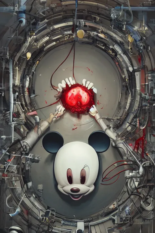 Image similar to top view mechanics scientist in lab facility looking at bloody mickey mouse head lifted by claw,, made by beeple, cgsociety, artgerm, greg rutkowski, highly detailed intricate 4 k art, low light cinematic, octane render, unreal engine, smooth concept art