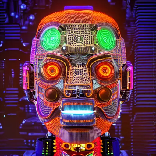 Image similar to a glossy claymodel of a cyberpunk aztec futuristic robot head, top of the head is made of gears and multicolored glowing tubes, eyes are multicolored lamps, 8 k, front shot, symetrical, flourescent colors, halluzinogenic, multicolored, insanely detailed, 3 d render, octane