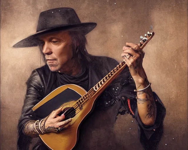 Prompt: 5 5 mm portrait photo of vasco rossi playing the lute. magical atmosphere. art by greg rutkowski. highly detailed 8 k. intricate. lifelike. soft light. nikon d 8 5 0.