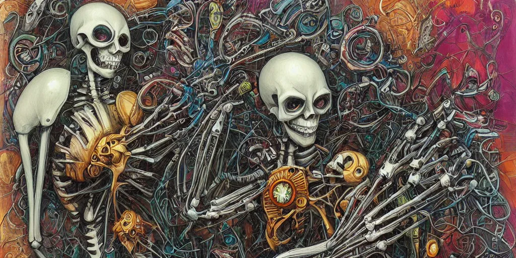 Prompt: a beautiful painting of robot by aaron horkey, trending on artstation, skeleton, colorful