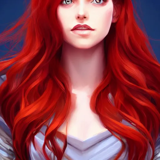 Image similar to a portrait of a young woman with red hair, smart, rich, shallan davar, blue eyes, beautiful, smiling, thick hair, rpg, dnd, artgerm style