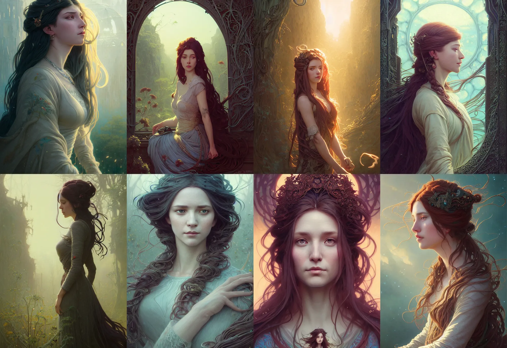 Image similar to highly detailed portrait of a woman with long hairs, stephen bliss, unreal engine, fantasy art by greg rutkowski, art nouveau, loish, rhads, ferdinand knab, makoto shinkai and lois van baarle, ilya kuvshinov, rossdraws, tom bagshaw, alphonse mucha, global illumination, radiant light, detailed and intricate environment