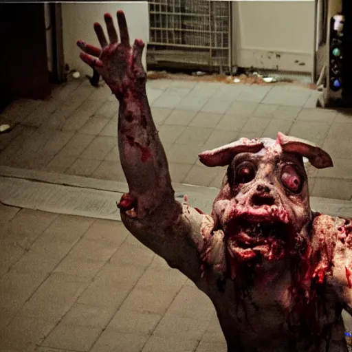 Prompt: crazed demonic mangled pig - faced zombie in dirty chefs clothes waving into the camera. cctv security camera photograph. 8 k resolution photorealistic.