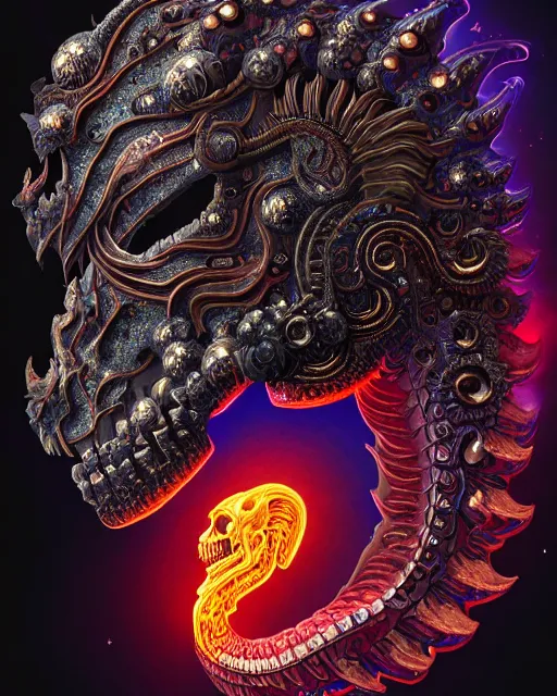 Image similar to 3 d ornate carved dark cosmic horse with profile portrait, sigma 5 0 0 mm f / 5. beautiful intricate highly detailed quetzalcoatl skull. bioluminescent, plasma, lava, ice, water, wind, creature, thunderstorm! artwork by tooth wu and wlop and beeple and greg rutkowski, 8 k trending on artstation