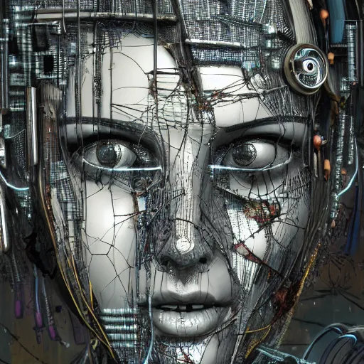 Prompt: cyberpunk human 3 d by pantokrator, beautiful sexy woman head made of mech mask rendered in unreal engine, nanotechnology, cyberpunk, dark, scifi, cooper wires and cyberntic vessels coming from core processor, contrast, painted by david burliuk | bernard buffet | carne griffiths | stanislaw lem