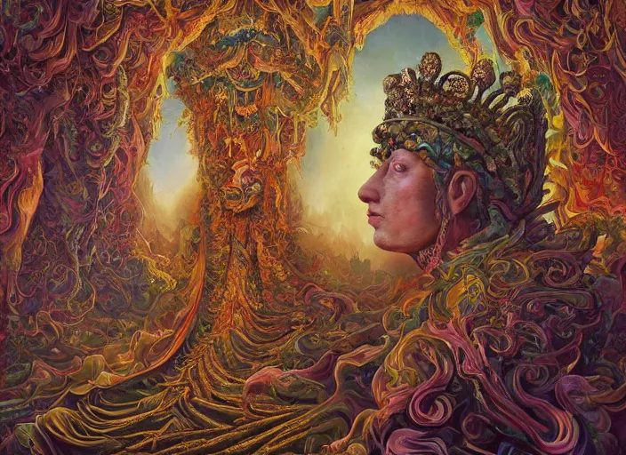 Image similar to beautiful oil painting, full length portrait of dauphinois in baroque coronation robes 1701, Dan Mumford, Dan Mumford, Alex grey, highly detailed , lsd visuals, dmt fractal patterns, hallucinogen, visionary art, psychedelic art, ornate, vaporwave, baroque, Greg rutkowski