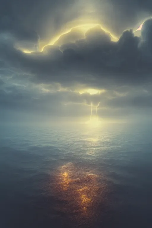 Prompt: a beautiful 3 d numerous gigantic golden halo orbiting glowing in cloud across the an ominous stormy ocean, in the thick fog, by stuart lippincott, volumetric lighting, dynamic lighting, dramatic lighting, high contrast, concept art, marble, religious, surrealism, catholicpunk, stark, trending on artstation