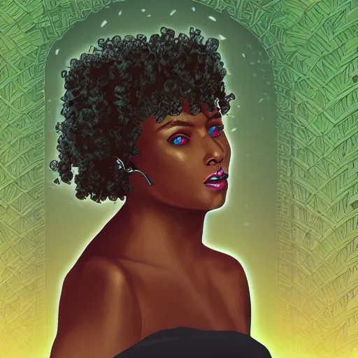 Image similar to a portrait of a black curly woman and ancient ruins with plants,digital art,retrowave art,trending on art station