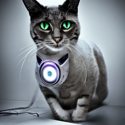 Image similar to robotic cat from the future, scary, cyberpunk style. photograph.