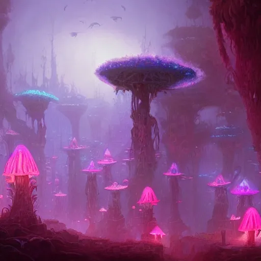 Image similar to concept art detailed painting of a dark purple fantasy fairytale fungal town made of mushrooms, with glowing blue lights, in the style of jordan grimmer and neil blevins and wayne barlowe