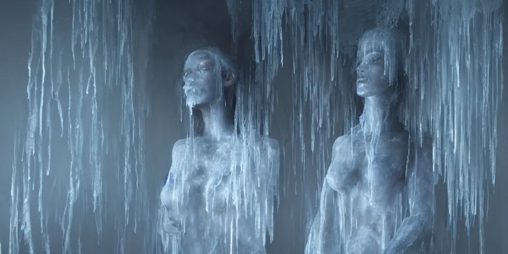 Image similar to rgb, a frozen woman, bedroom full of ice, sadness, cinematic, movie scene, inspired by zdzislaw beksinski, clothes made out of veins,, cables everywhere, bedroom, ultra realistic, concept art, intricate details, highly detailed, photorealistic, octane render, 8 k