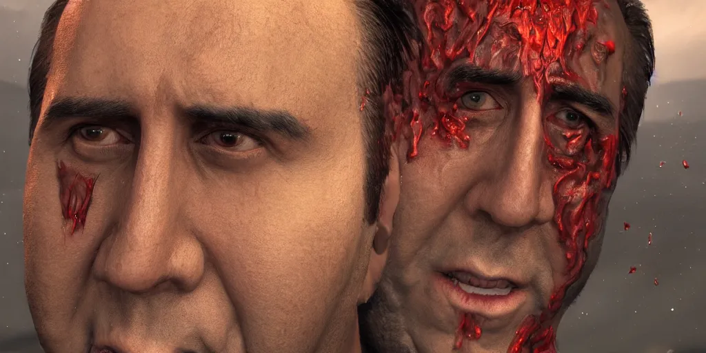 Image similar to A giant face of Nicolas Cage melting in a moutain, inspired by Everett Raymond Kinstler, artstation, 8k, photorealism