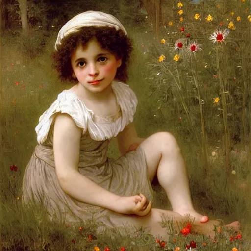 Prompt: a little girl with curly brown hair sitting in a field of wildflowers. beautiful painting by bouguereau.