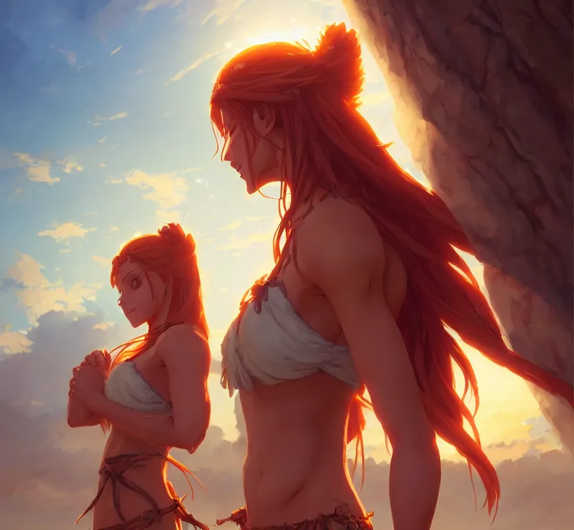 Image similar to long ginger hair, tanned woman in a prehistoric outfit, by artgerm, hair tied in a ponytail, soft lighting, night scene, by greg rutkowski makoto shinkai takashi takeuchi