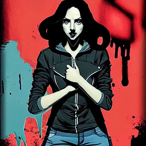 Image similar to Rafael Albuquerque comic cover art, loish, artgerm, Sam yang, artgerm, Ross tran, pretty female Alison Brie serial killer holding bloody knife, blood on clothes and face, sarcastic smile, symmetrical eyes, symmetrical face, full body, jean jacket, jeans, short blonde hair, middle shot, highly saturated, deep blacks