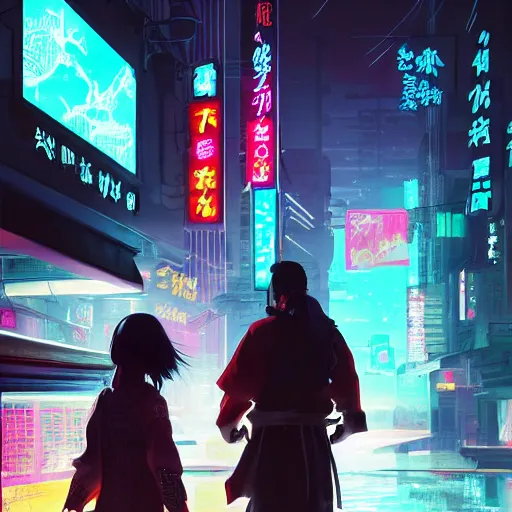 Image similar to illustration of a samurai with his daughter, rainy night, neon glow concept art, sharp focus, city background, intricate, digital painting cyberpunk 2077, scifi, octane render, art by Artgerm, Makoto Shinkai, Ilya Kuvshinov, Lois Van Baarle and Rossdraws wallpaper, highly detailed, anime key visual, cold colors, epic landscape, HD digital art, artstation