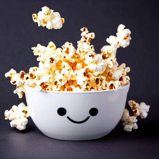 Image similar to fluffy popcorn hit by lightning, elemental spirit, in the style of a manga character, with a smiling face and flames for hair, sitting on a lotus flower, white background, simple, clean composition, symmetrical