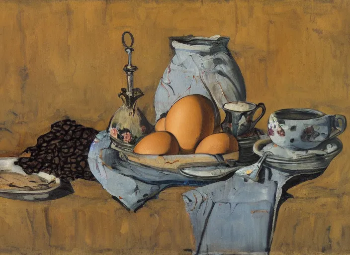 Prompt: a surreal painting of a breakfast still life, coffee, eggs, flowers, by George Baselitz, symbolist, soft colors, dramatic lighting, smooth, sharp focus, extremely detailed, aesthetically pleasing composition