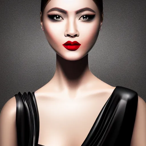 Prompt: complex 3 d render, ultra detailed, realistic photo of a beautiful porcelain skin woman, oval shape face, black long hair, wearing black dress, detailed almond eyes shape, red lipstick, plump lips, beautiful, studio photo, proportional, the grand sala thai on the background