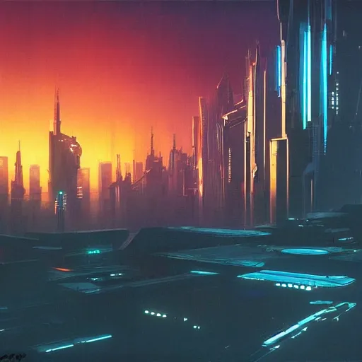 Image similar to distant view of a futuristic cyberpunk city, daylight, blue sky, cinematic lighting, blue sky, syd mead, john harris