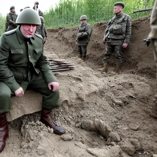Prompt: Putin is sitting in the trenches and defending himself from Ukrainian troops, Constructivism