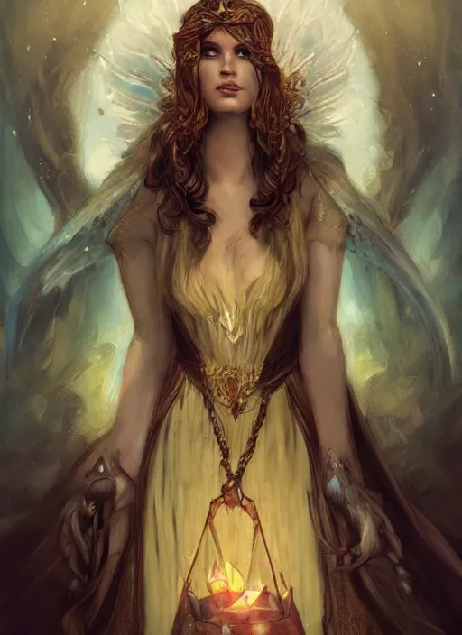 Image similar to tarot!!, fairy queen, fantasy medieval, no noise, elegant, concept art, sharp focus, beautiful face!!, digital art, smooth defined outlines!!, by Brom, trending on Artstation, Tom Bagshaw, Sargent