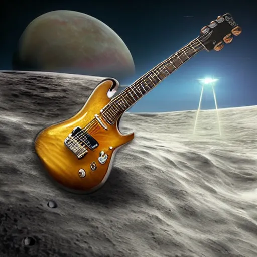 Prompt: a detailed, realistic, idle, regular sized electric guitar next to a detailed, realistic, idle, regular sized beer can on the moon. detailed photo. realistic photo. hyper realism. closeup