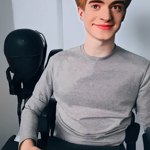 Image similar to “a realistic detailed photo of a guy who is an attractive humanoid who is half robot and half humanoid, who is a male android, twitch streamer Ninja Tyler Blevins, shiny skin, posing like a statue, blank stare, on a gaming chair streaming”