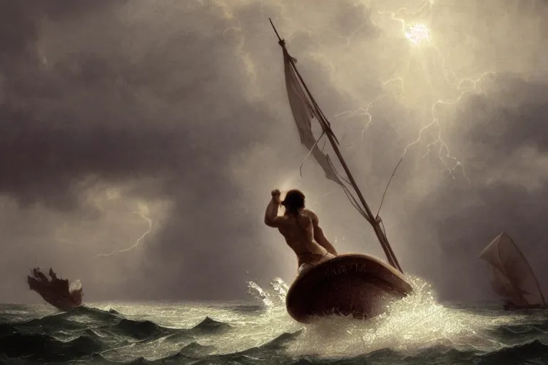 Image similar to ancient historically accurate depiction of Bible Character walking on water during a storm, a small fishing sailboat with scared sailors on board, dramatic lighting by frank miller, illustration by Ruan Jia and Mandy Jurgens and William-Adolphe Bouguereau, Artgerm, 4k, digital art, surreal, space dandy style, highly detailed, godsend, artstation, digital painting, concept art, smooth, sharp focus, illustration by Ruan Jia and Mandy Jurgens and William-Adolphe Bouguereau, Artgerm